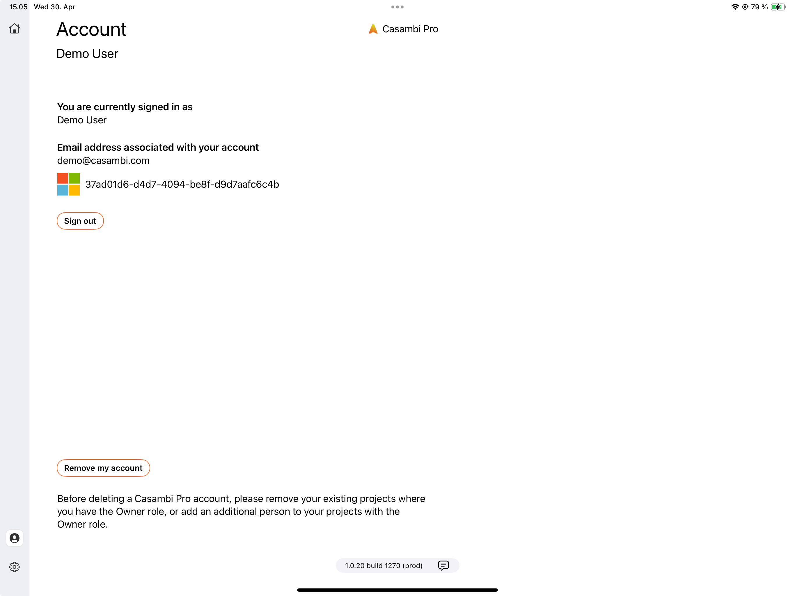 Account view in Casambi Pro for iOS after sign in