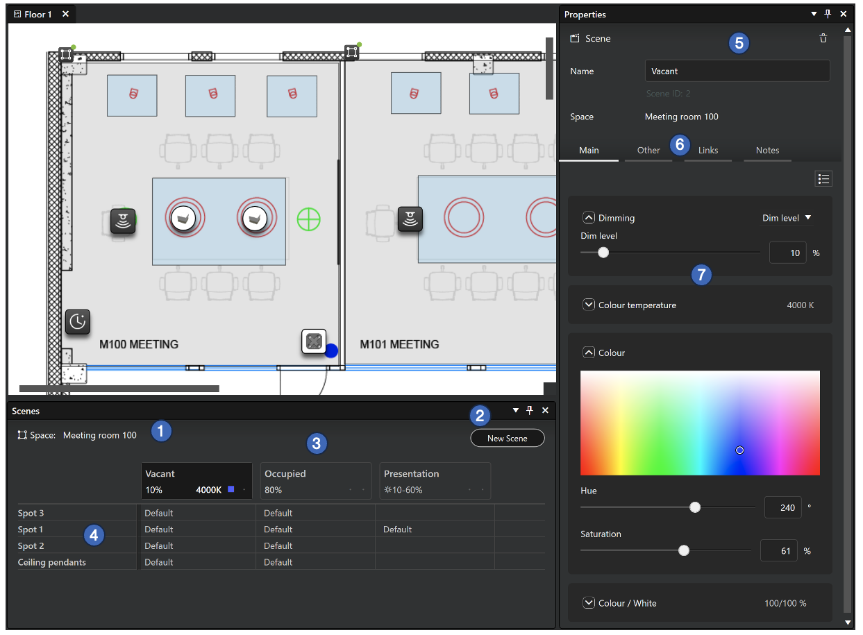 Scenes table and Scene properties screenshot