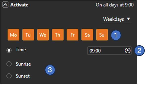 Schedule activation and deactivation settings Weekday