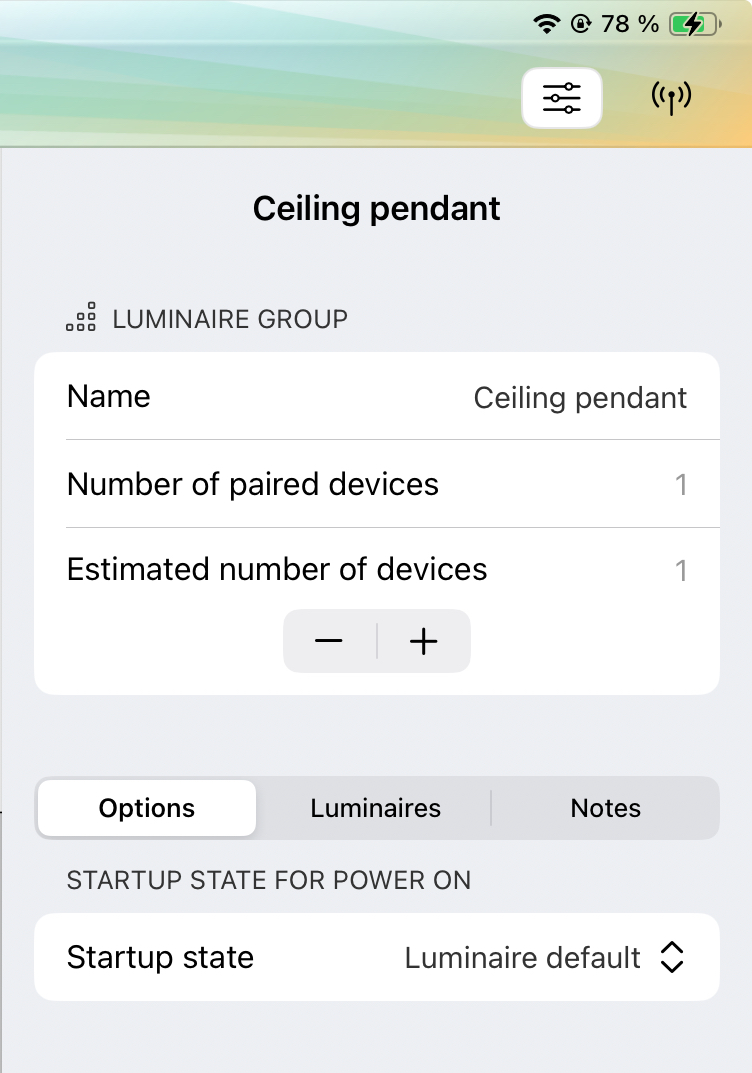 Luminaire group properties on iPad