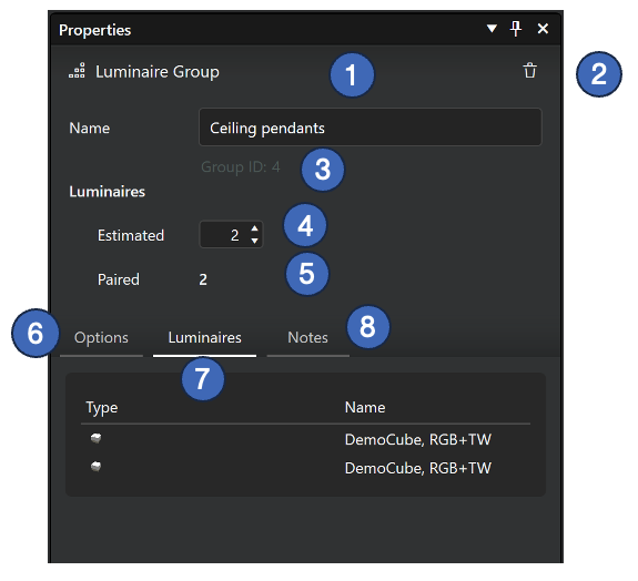 Luminaire group properties pane in Windows version