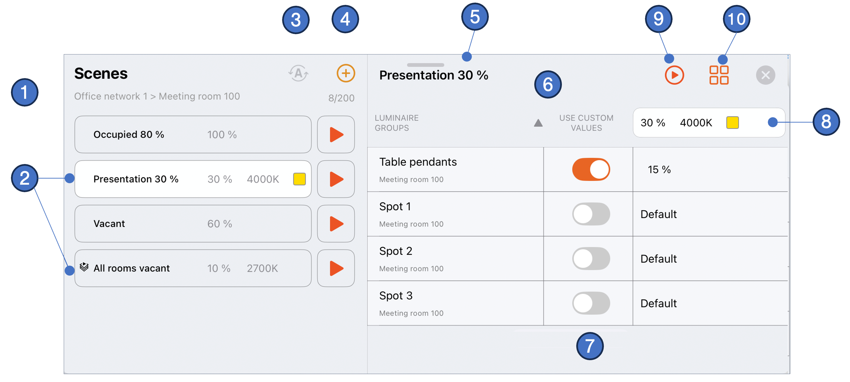 The Scenes pane in Casambi Pro for iOS