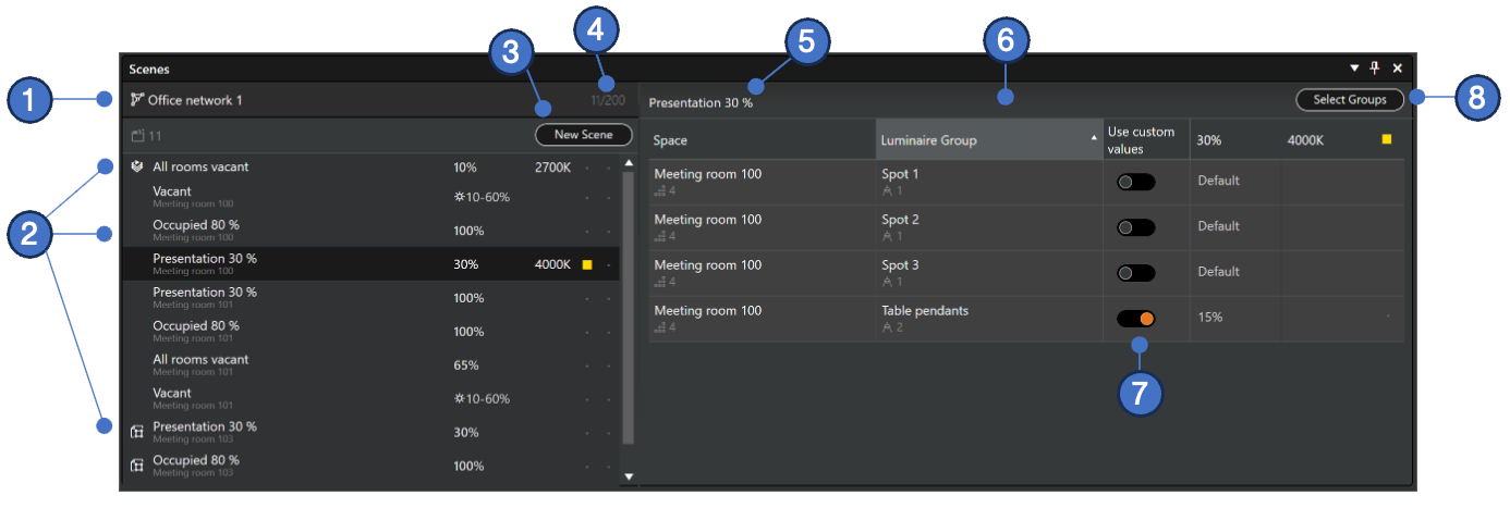 The Scenes pane in Casambi Pro for Windows